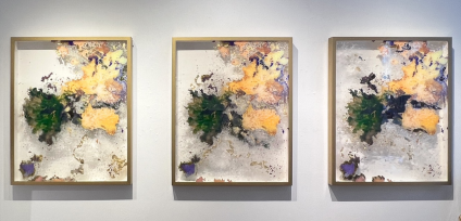 Coral Misool – Acrylic and Oil on Acrylic Reverse Painting with recycled plastic and gold leaf